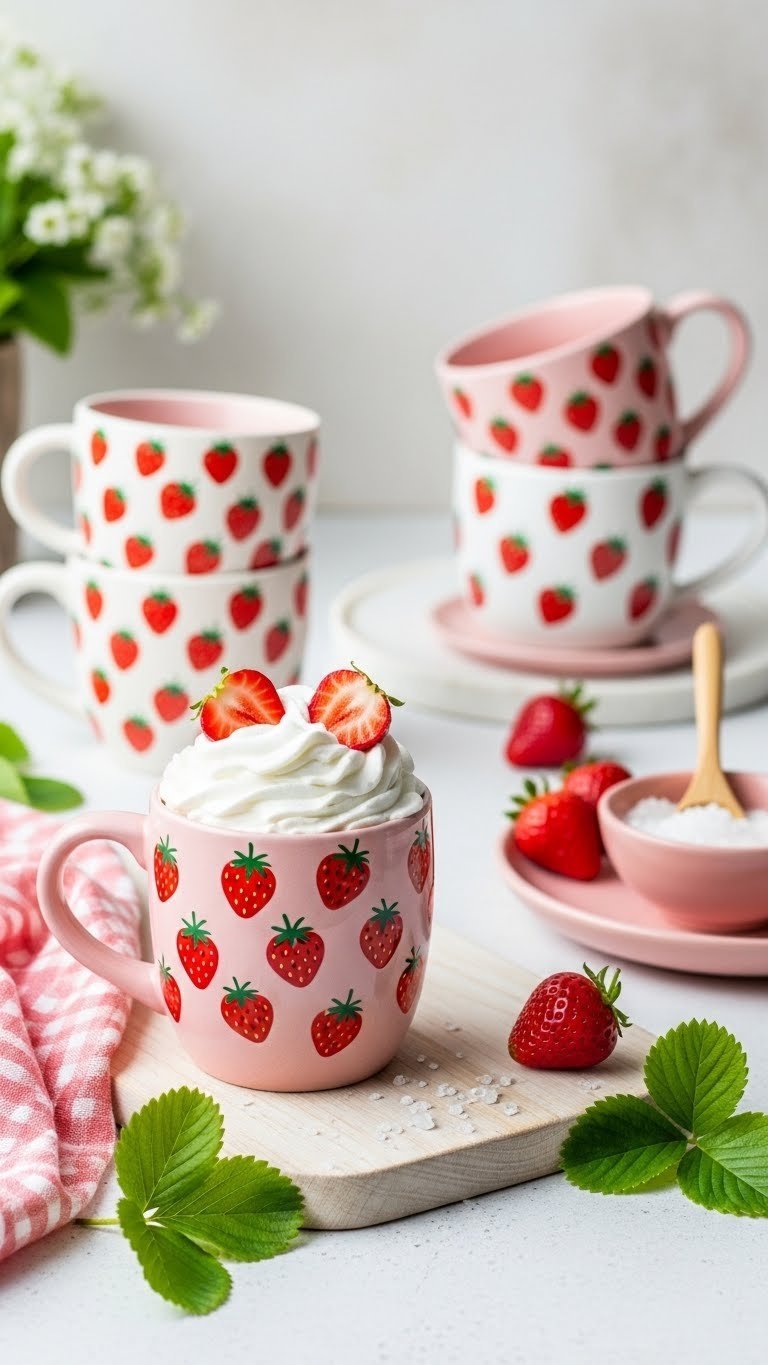 Collection of pink ceramic mugs with hand-painted strawberry motifs on light wooden board.