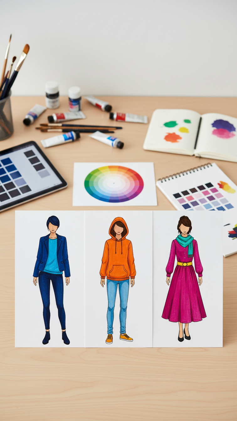 Color palette outfit concepts showing monochromatic and complementary schemes with color wheel reference