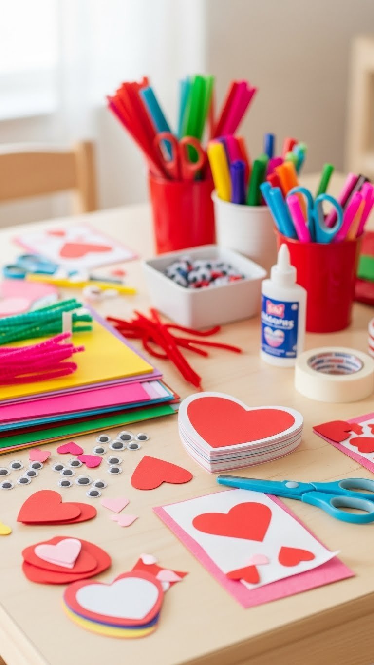 Colorful Valentine craft station with heart-shaped templates, construction paper, and glitter glue on wooden table