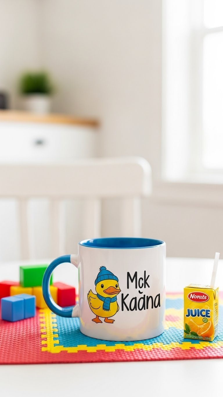 Colorful cartoon duck mug for kids with cheerful character and bright primary colors