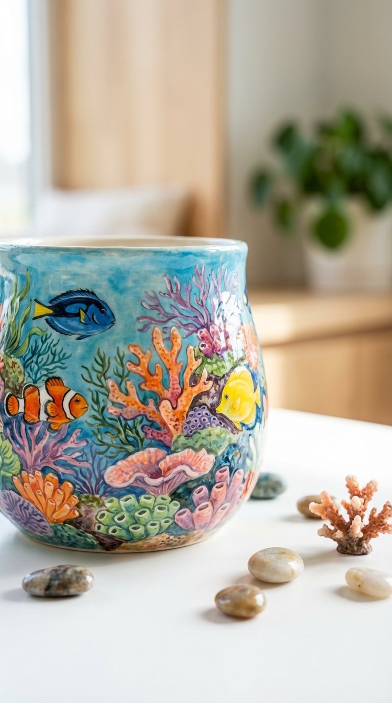 Colorful coral reef painted ceramic mug showcasing exotic fish and marine plants on white surface.