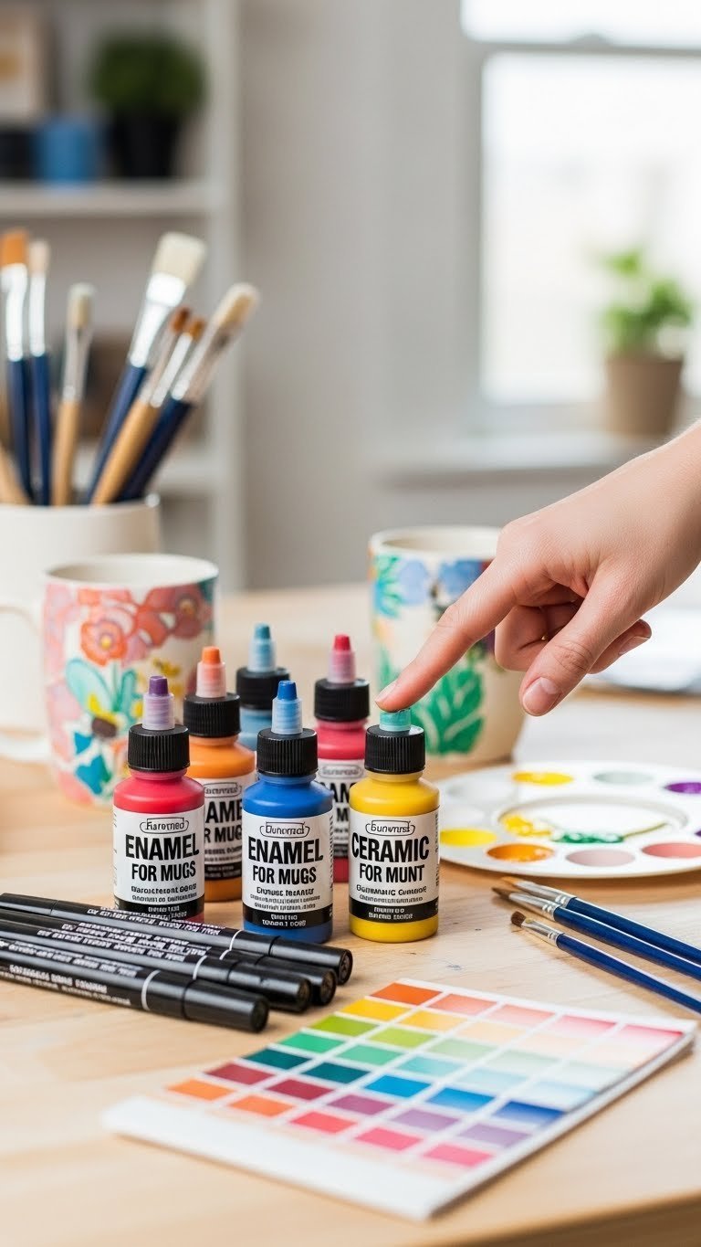 Colorful enamel paint bottles and ceramic markers arranged on craft table with hand pointing for DIY mug painting