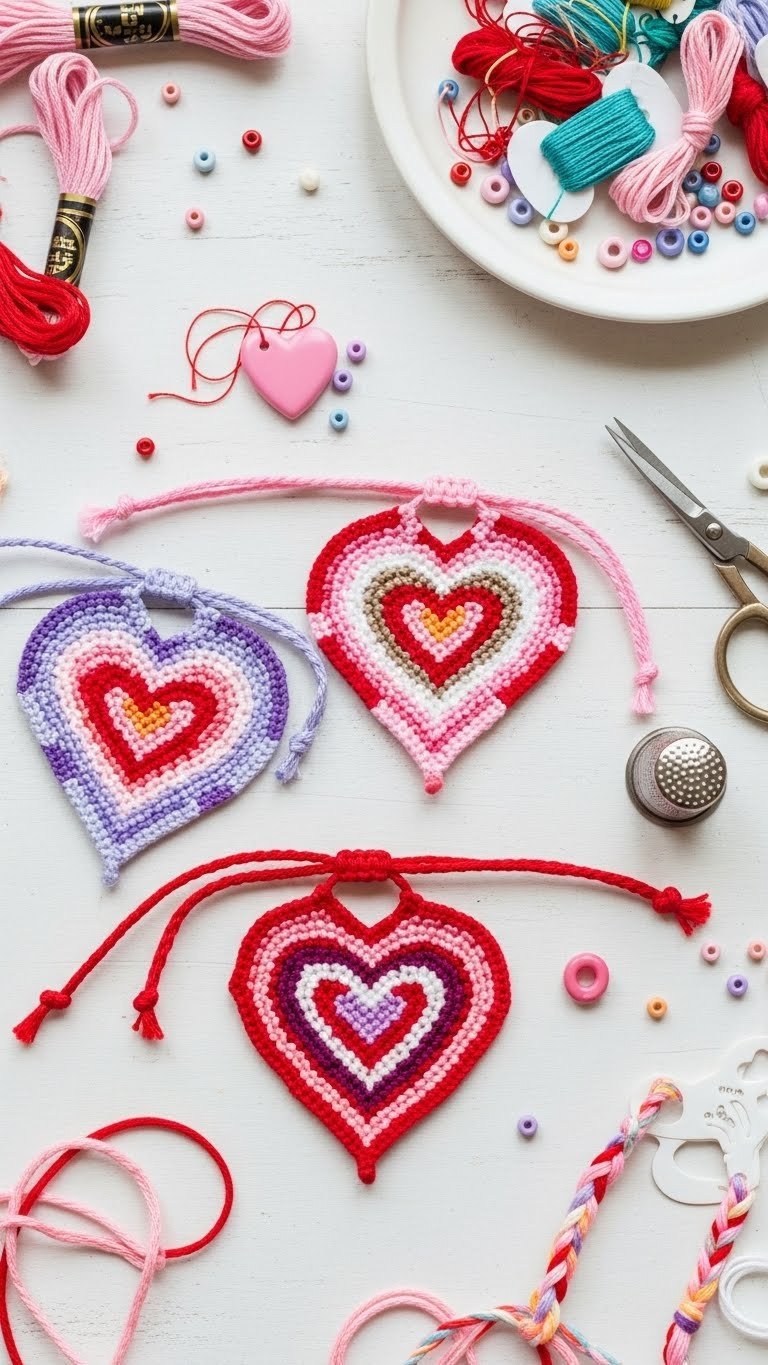 Colorful friendship bracelet hearts woven with red and pink embroidery floss in creative flat lay