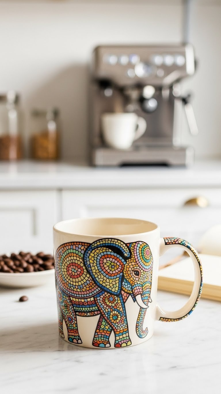 Colorful mosaic elephant ceramic mug with vibrant patterns on marble countertop in bright kitchen setting