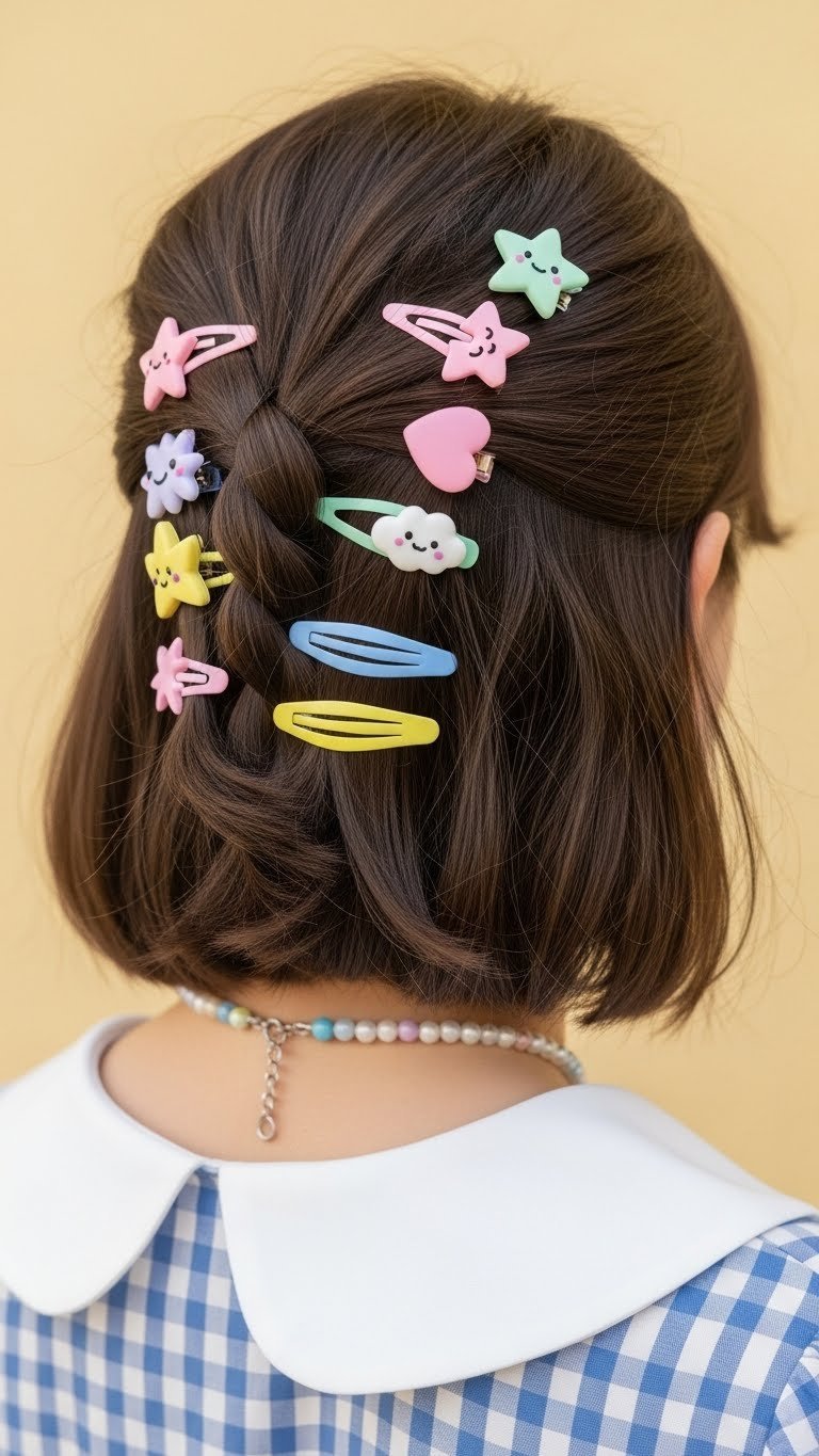 Colorful plastic hair clips in star, heart, and cloud shapes adorning hair against pastel yellow wall