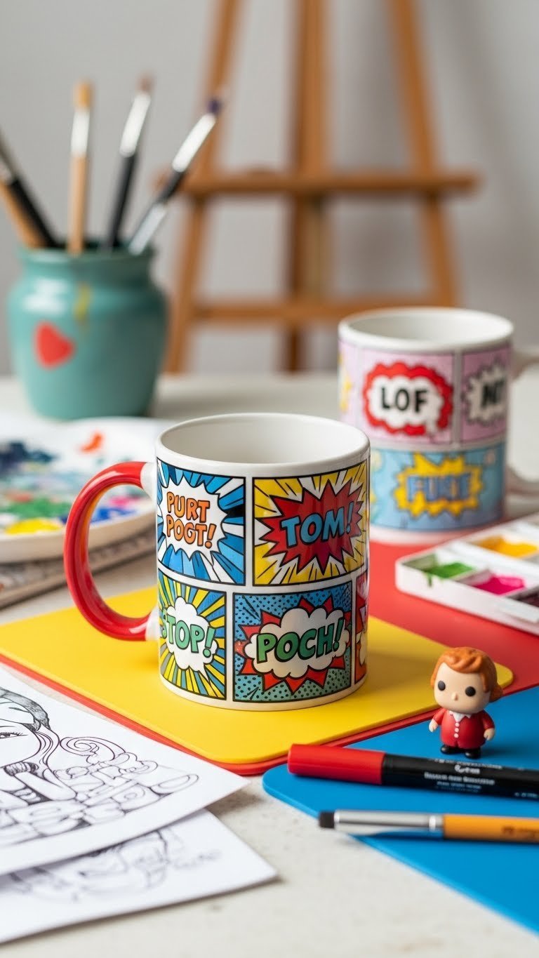 Comic strip mug with playful text bubbles on colorful silicone placemat surrounded by art studio equipment