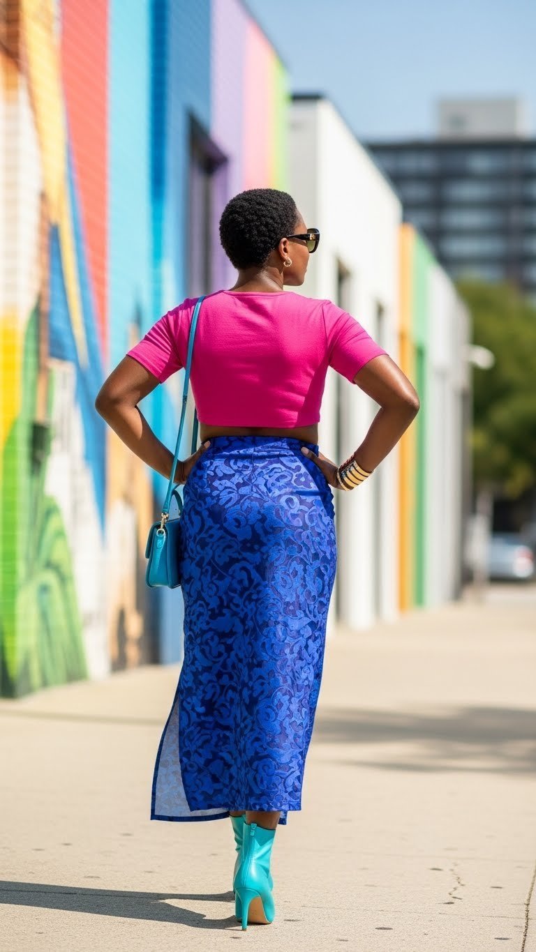 Confident Black woman wearing bold two-piece skirt set striking powerful pose against urban street art backdrop