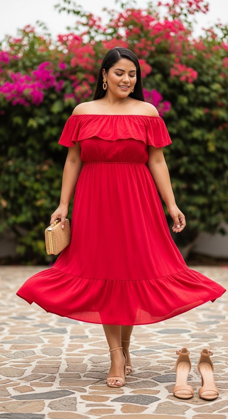Confident Latina woman twirling in vibrant red off-the-shoulder dress on cobblestone patio with garden background