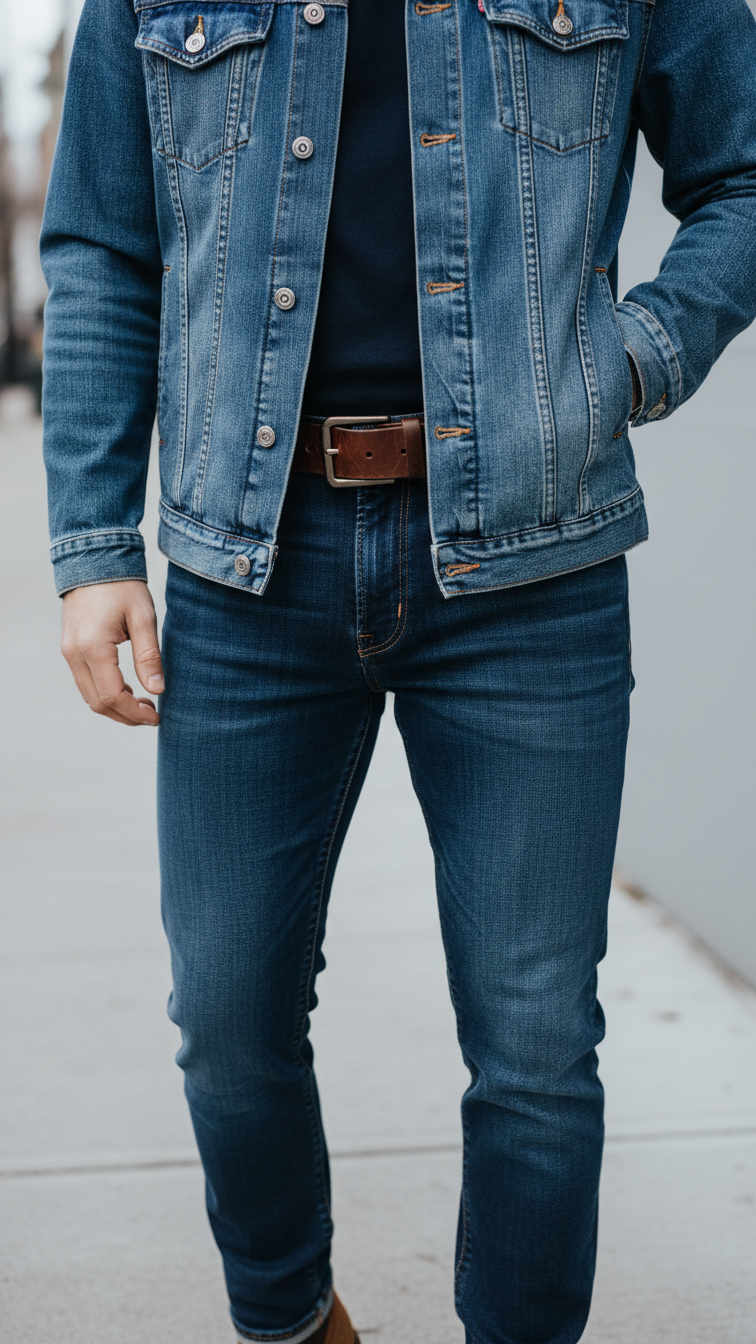 Confident all-denim outfit featuring medium-wash jean jacket with dark wash jeans and brown leather belt