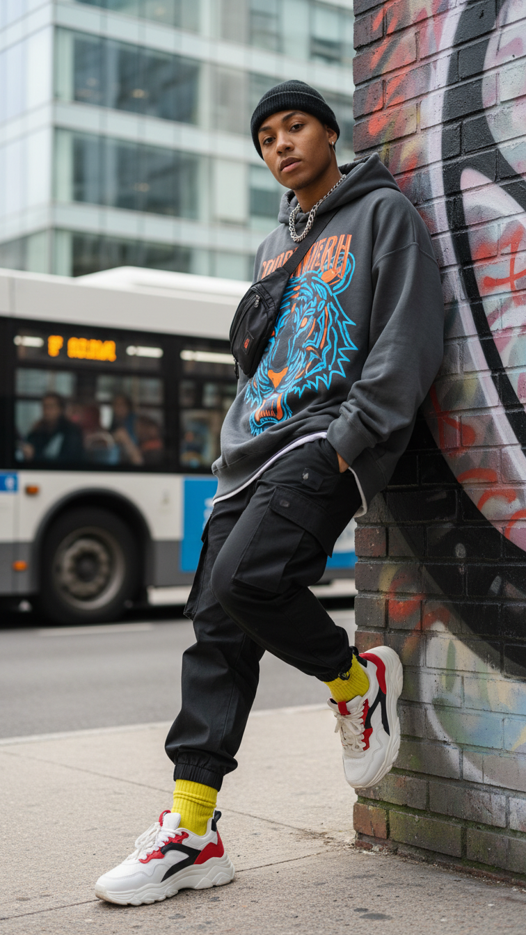 Confident individual showcasing urban streetwear outfit with oversized hoodie and cargo pants on city street