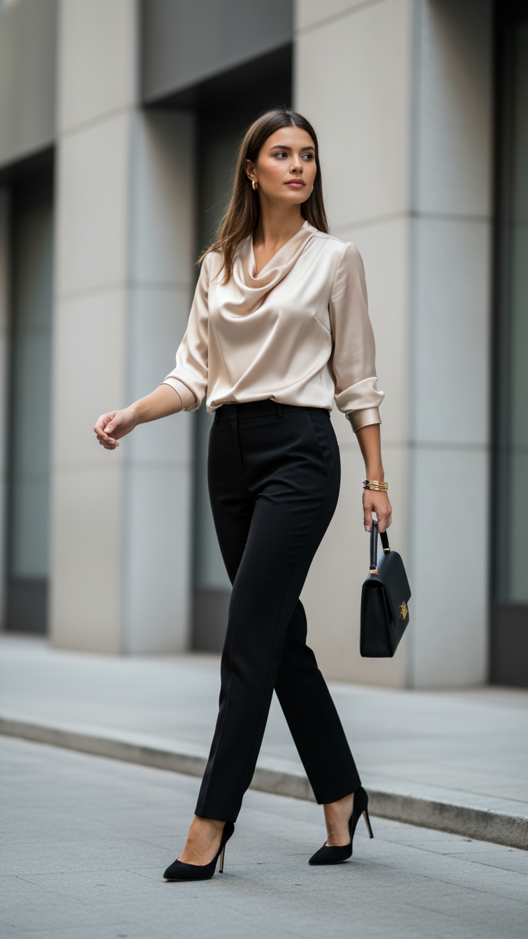 Confident woman in a champagne silky blouse and black trousers, a chic Valentine's outfit, walking on a minimalist city street.