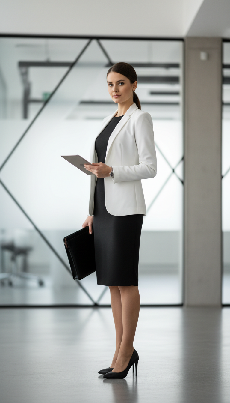 Confident woman in black sheath dress under white blazer holding portfolio in modern office setting.