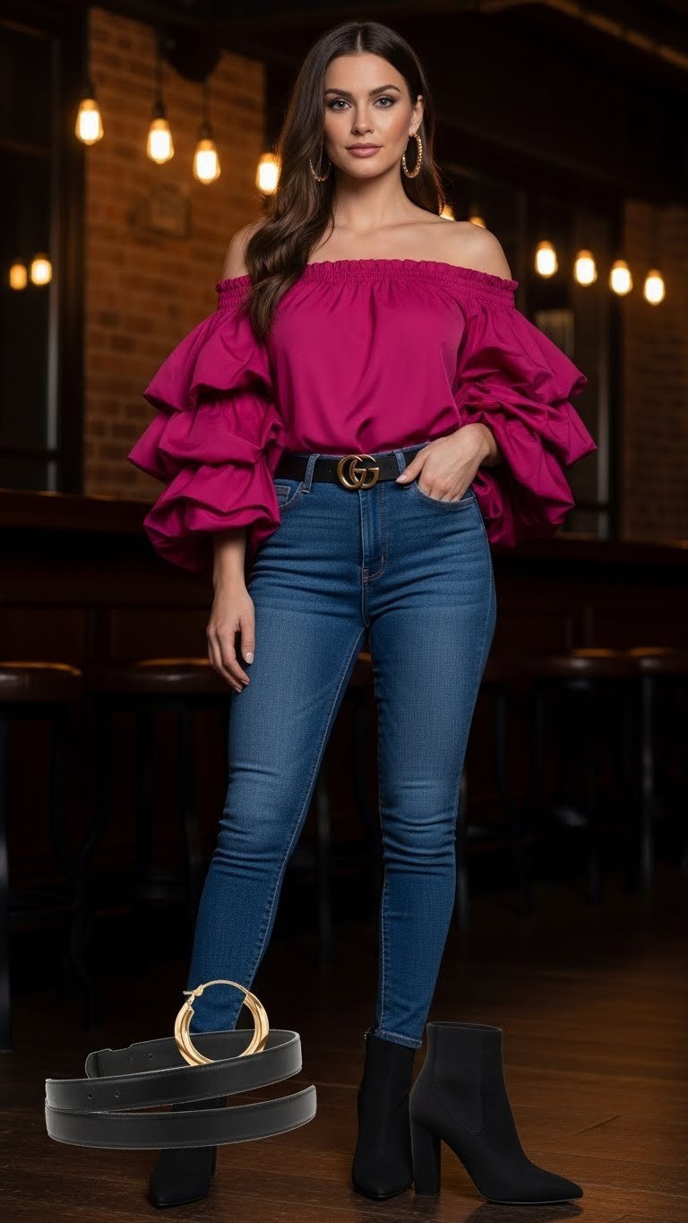 Confident woman in bold fuchsia off-shoulder top with jeans at trendy bar with warm moody lighting