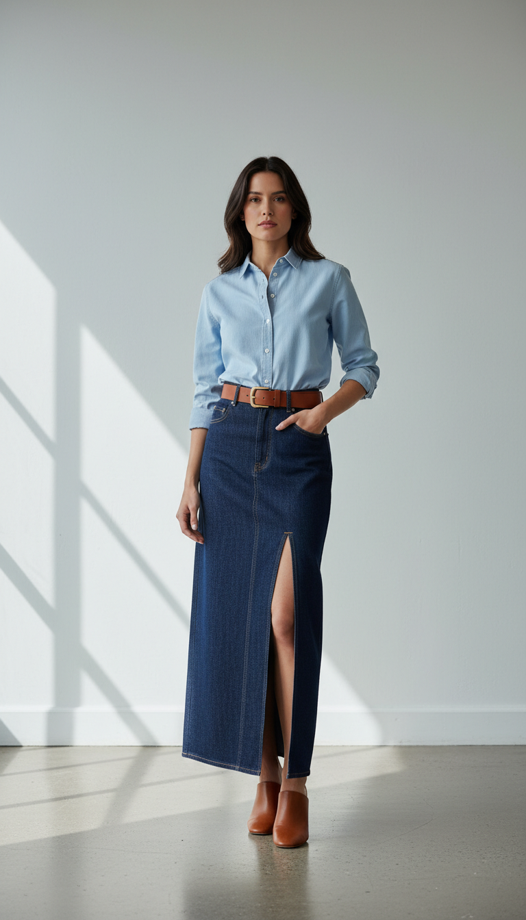 Confident woman in light chambray shirt and dark denim maxi skirt with brown leather heels against studio backdrop