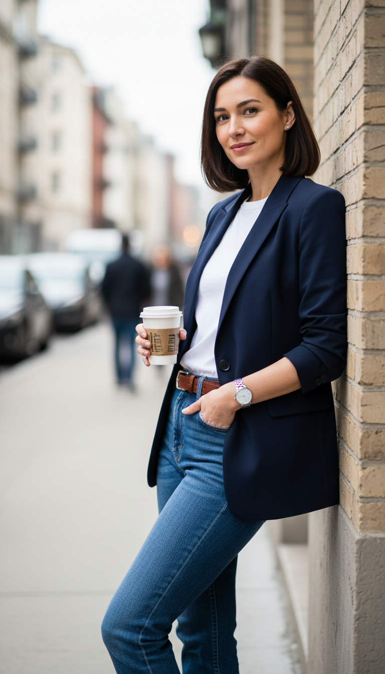 Confident woman in navy blazer over white tee and dark jeans leaning against brick wall with coffee cup.