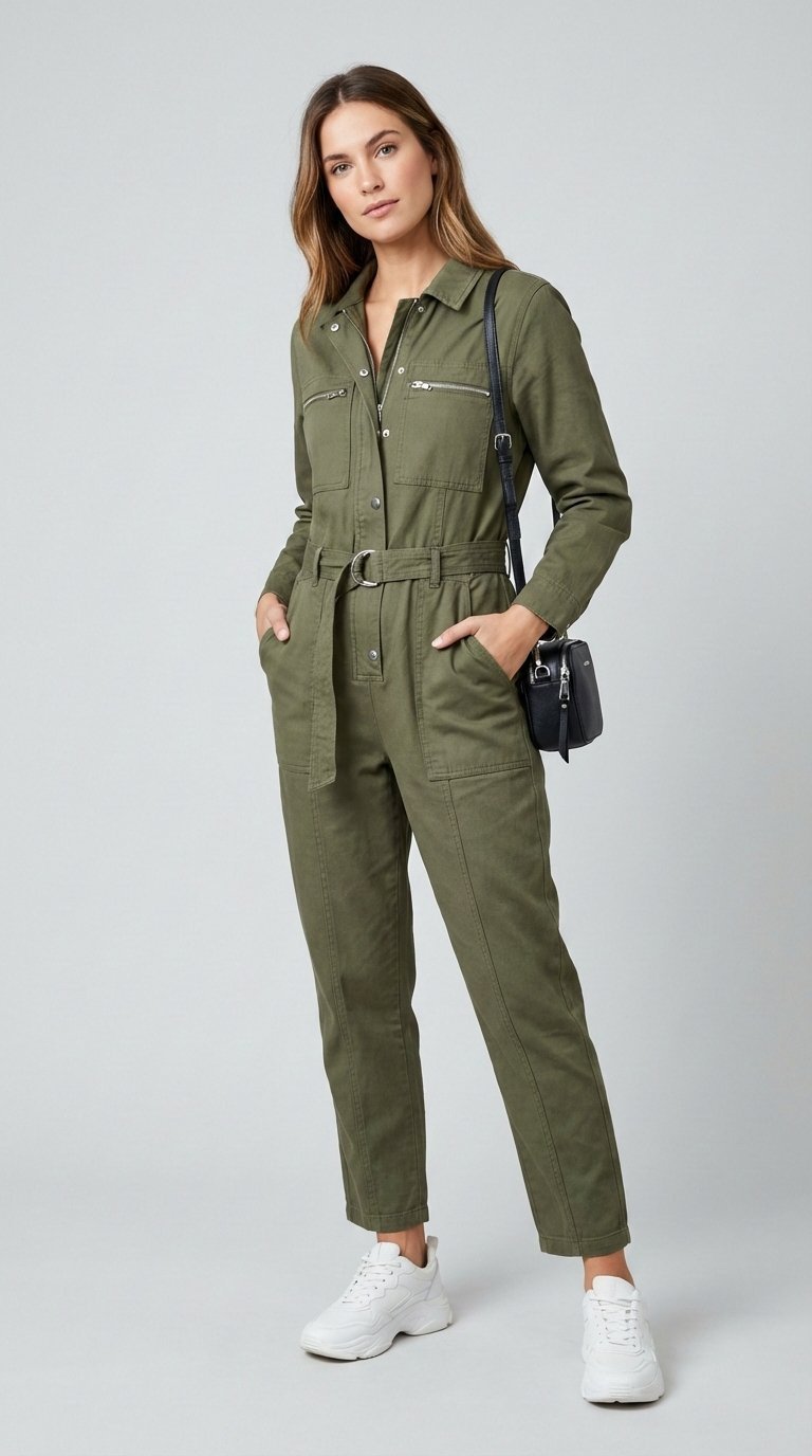 Confident woman in olive green utility jumpsuit with belted waist posing against minimalist gray studio backdrop