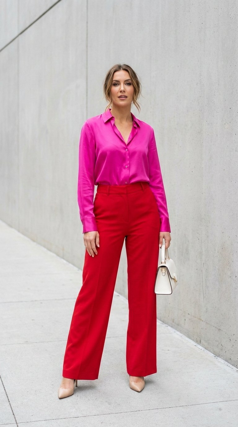 Confident woman in vibrant fuchsia silk blouse with cherry red wide-leg trousers against concrete backdrop