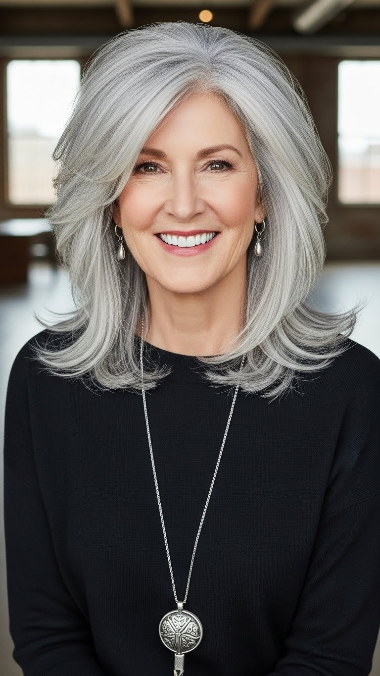 Confident woman over 50 with stunning silver siren shag hairstyle in chic urban loft interior setting.