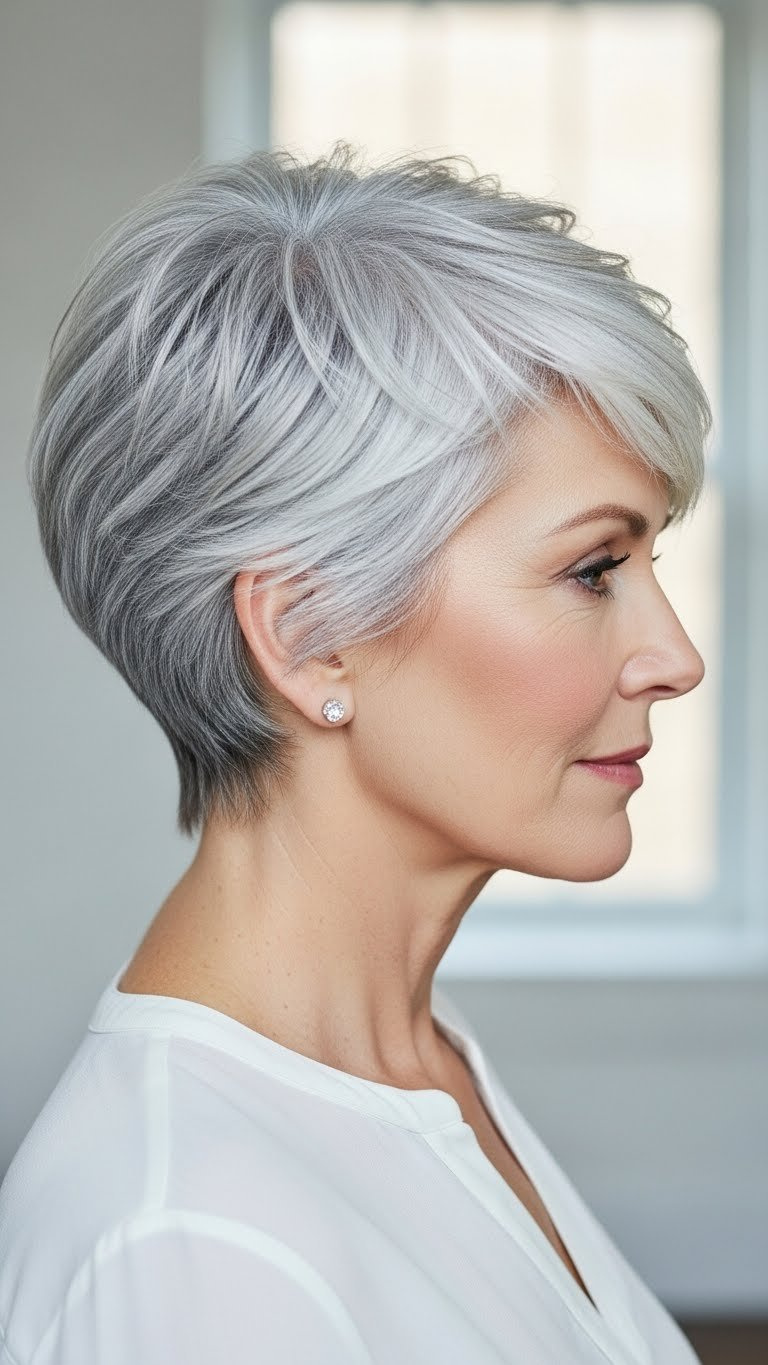 Confident woman over 60 showcasing an elegant pixie cut with soft wispy layers in profile view against minimalist interior backdrop