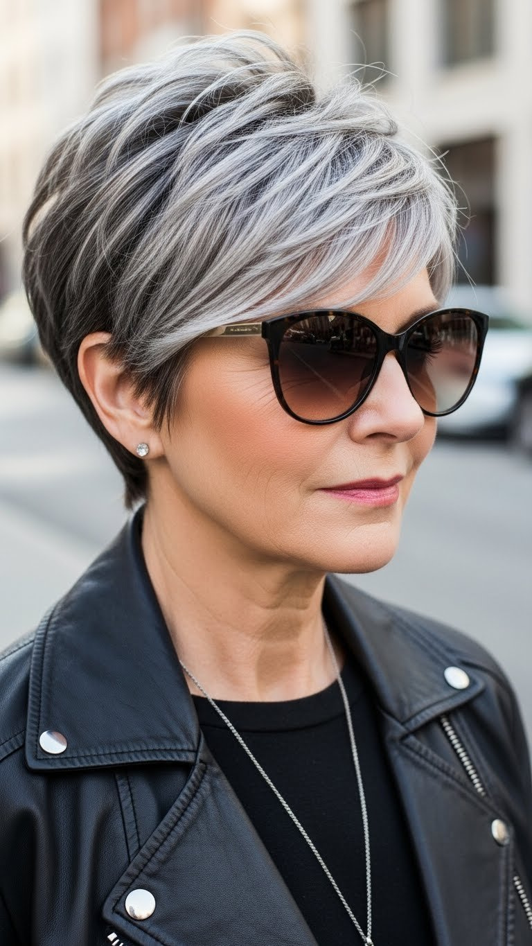 Confident woman over 60 with stylish bixie haircut blending bob and pixie elements in contemporary urban setting