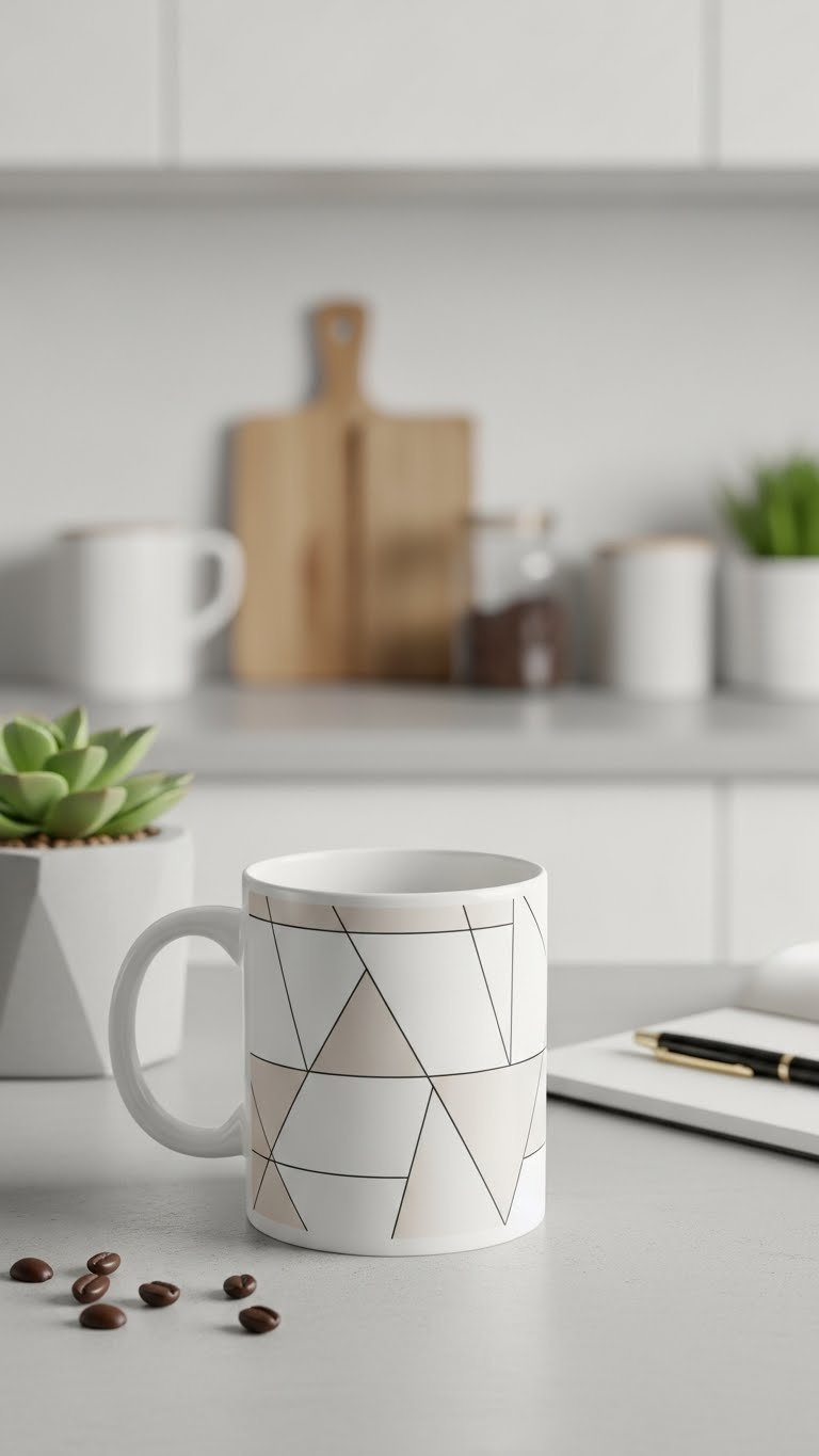 Contemporary white ceramic mug with minimalist geometric pattern on light concrete countertop