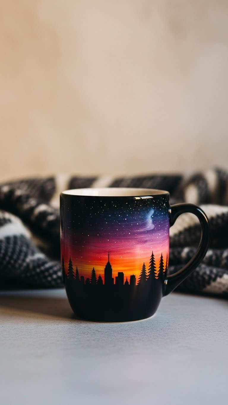 Cosmic silhouette mug featuring mountain outline against vibrant sunset galaxy background on neutral-toned surface