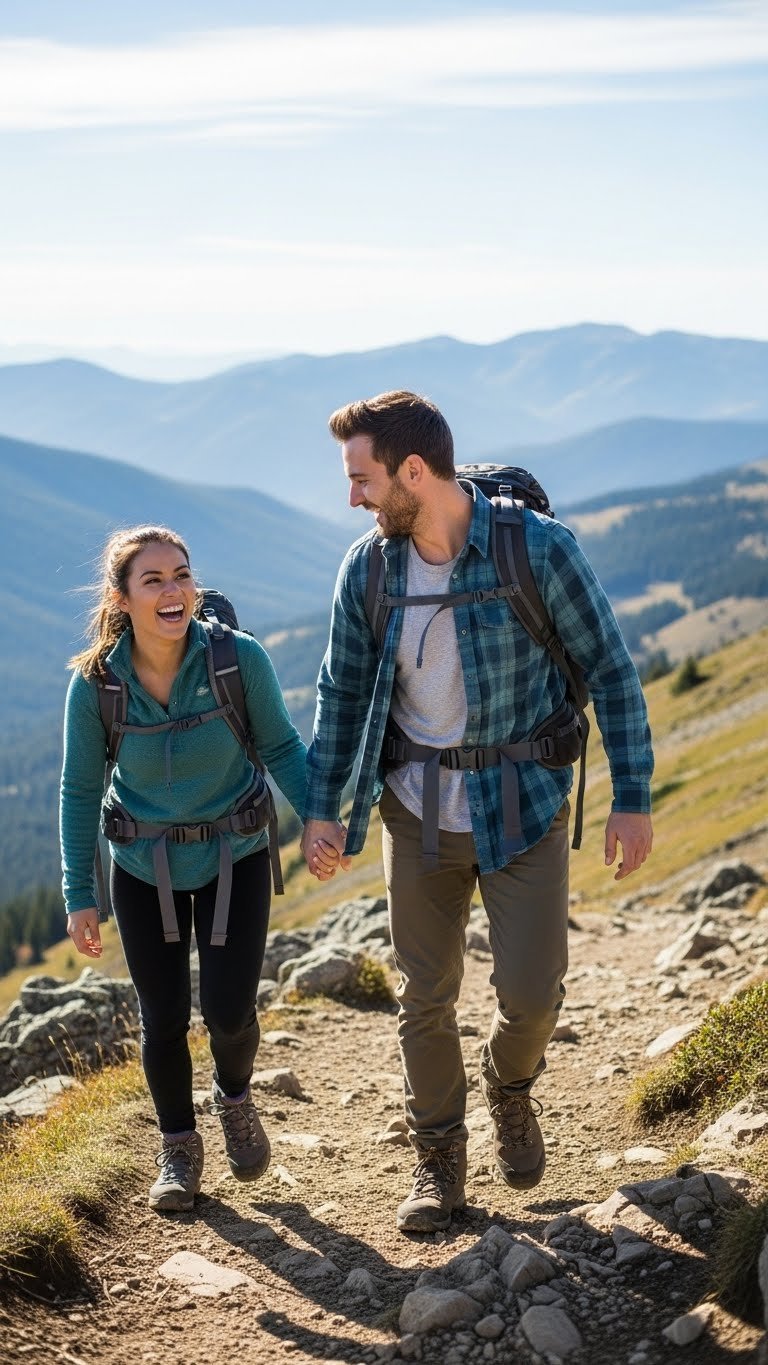 Couple hiking through scenic mountain trail holding hands with panoramic landscape background
