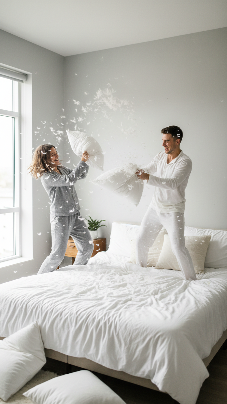 Couple mid-pillow fight on bed with feathers flying and cozy pajamas