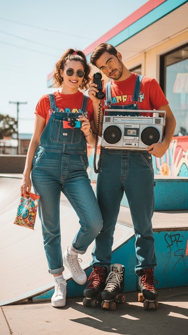 Couple posing in 90s Valentine's photo shoot with overalls, graphic tees, and retro props against vibrant backdrop