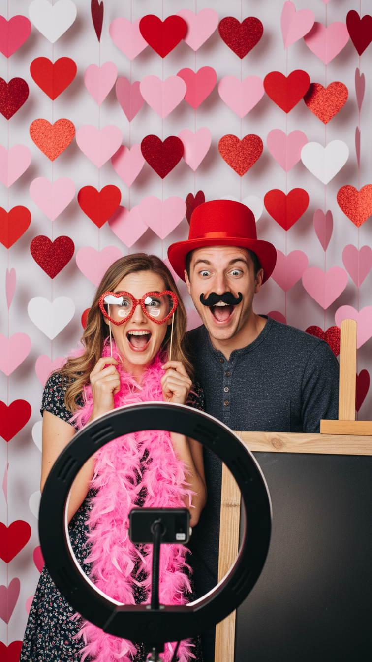 Couple posing with funny props in DIY photo booth with hanging heart backdrop