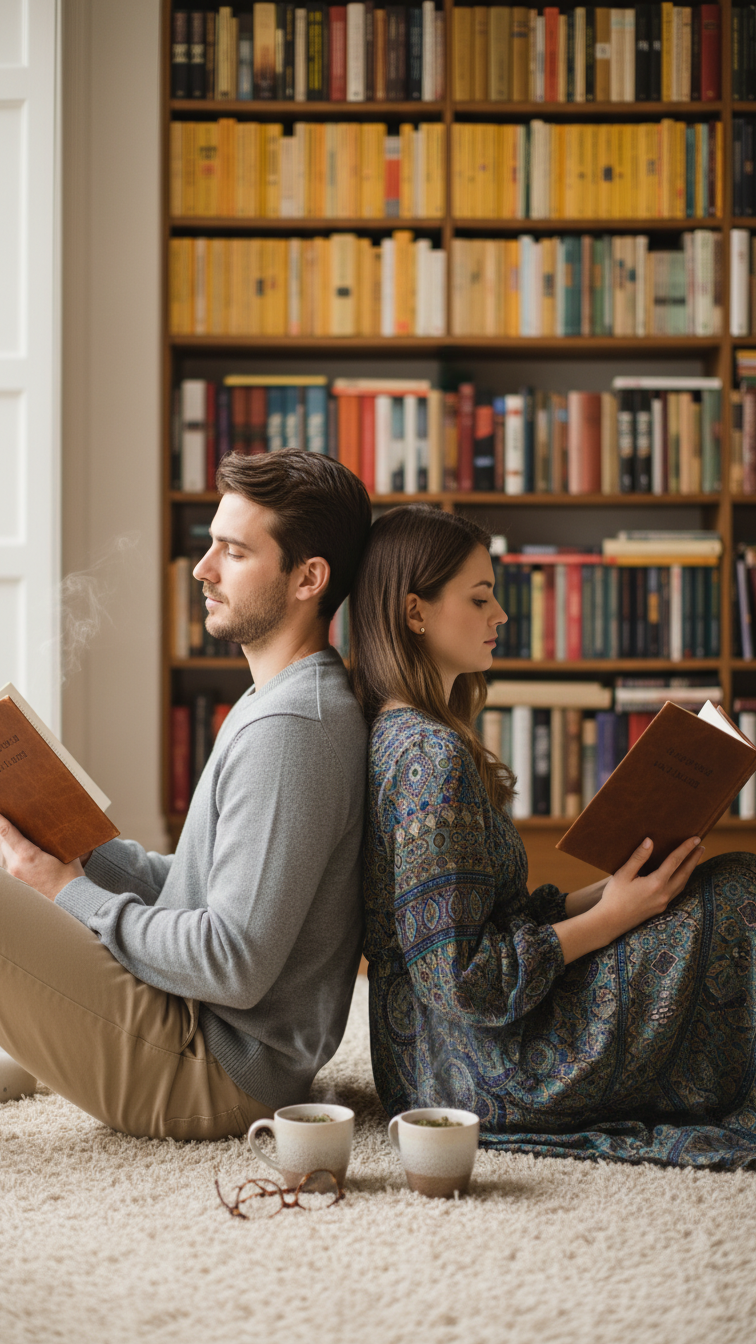 Couple reading books back-to-back on rug in front of floor-to-ceiling bookshelf