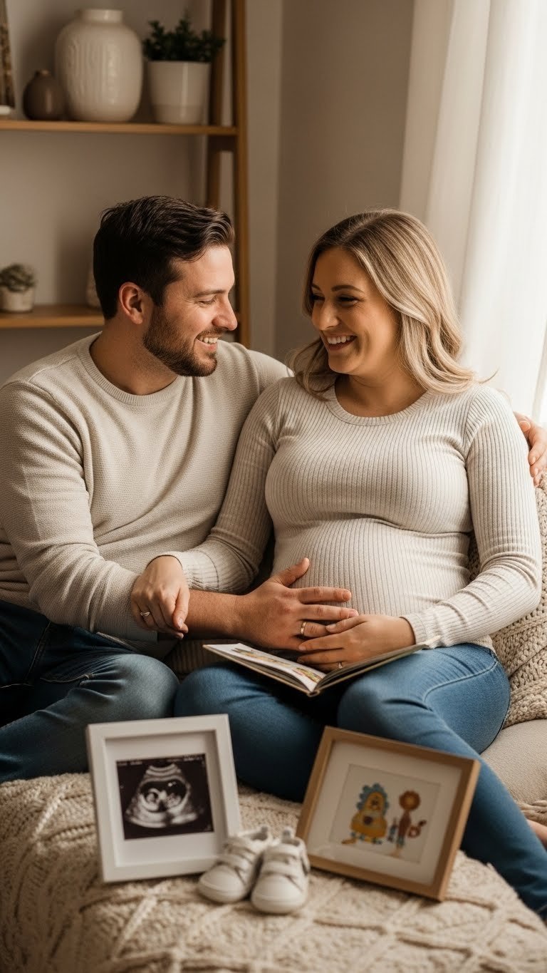 Couple sharing tender moment with baby sonogram during romantic indoor maternity photoshoot