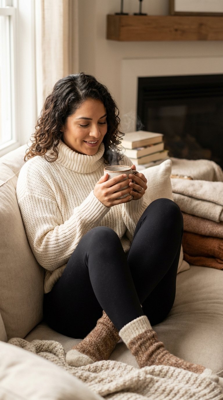 Cozy Latina woman wearing cream chunky knit sweater curled up on sofa holding coffee mug