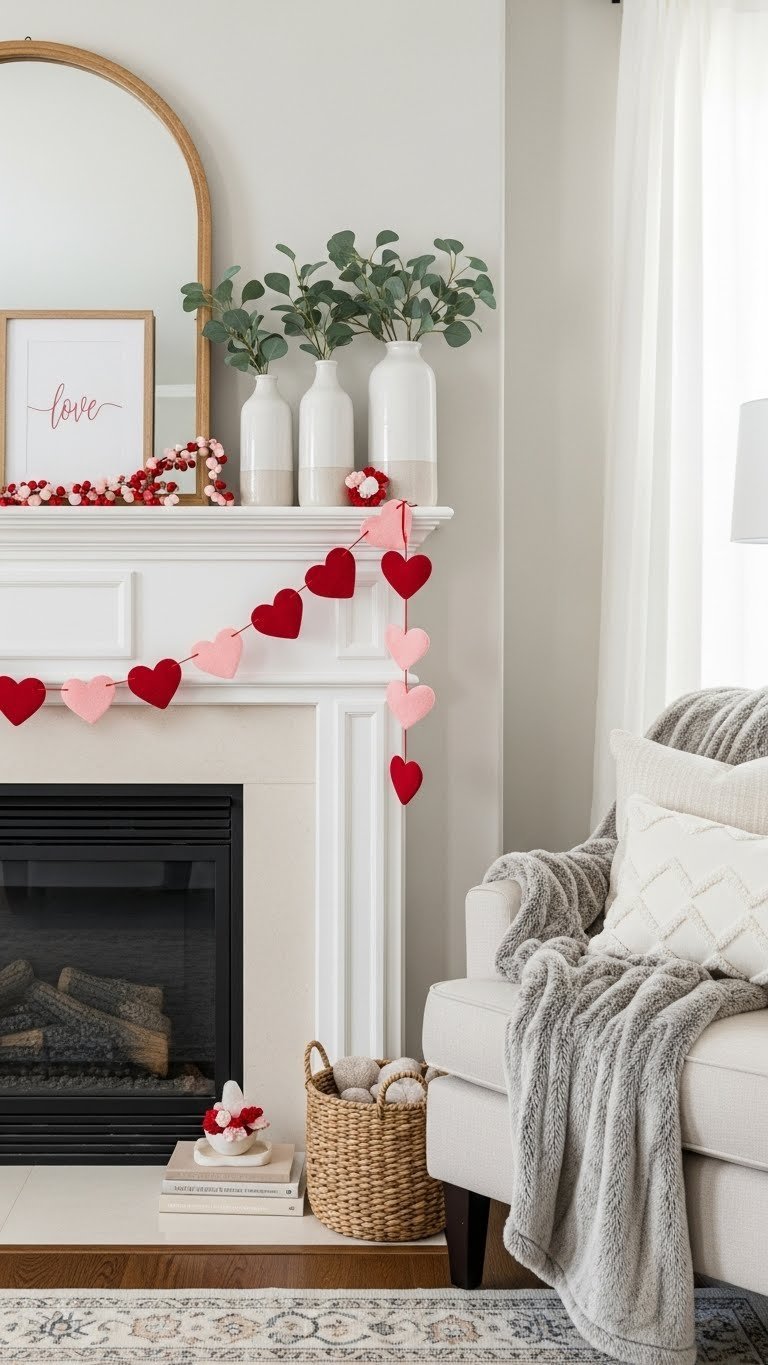 Cozy Valentine's fireplace mantel decorated with heart garland and eucalyptus in white ceramic vases