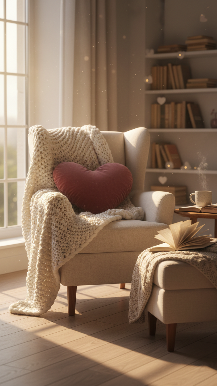 Cozy Valentine's reading nook with armchair draped in chunky knit blanket and velvet heart pillow