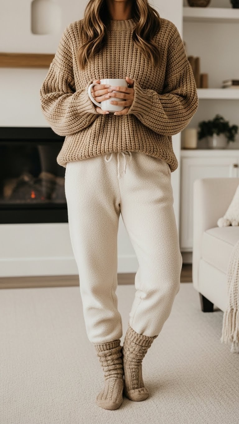 Cozy autumn outfit with cream fleece joggers and oversized oatmeal knit sweater in warm living room setting