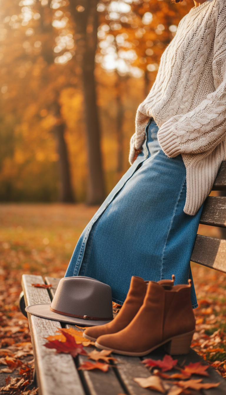 Cozy autumn outfit with oversized cream knit sweater and medium blue denim skirt against fall foliage backdrop