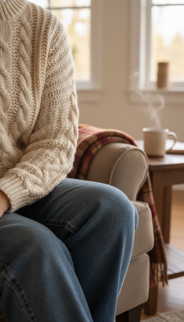 Cozy autumn outfit with vintage-wash baggy jeans and cream chunky knit sweater in warm home setting