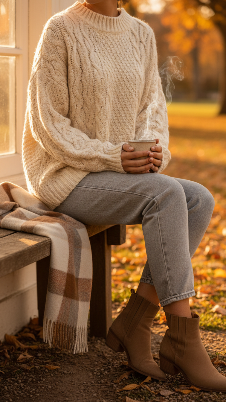 Cozy autumn scene with person wearing cream cable-knit sweater and light grey mom jeans holding warm mug