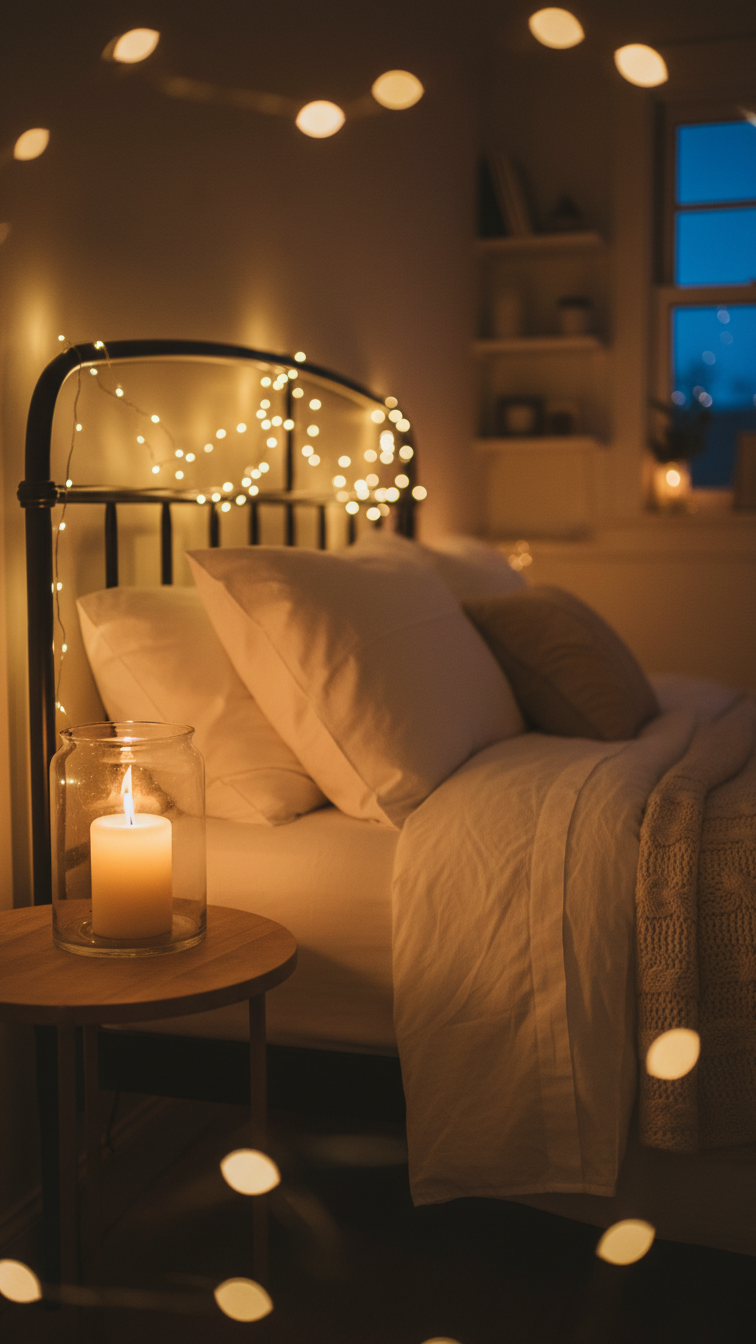Cozy bedroom corner at dusk illuminated by candles and fairy lights on plush white bedding