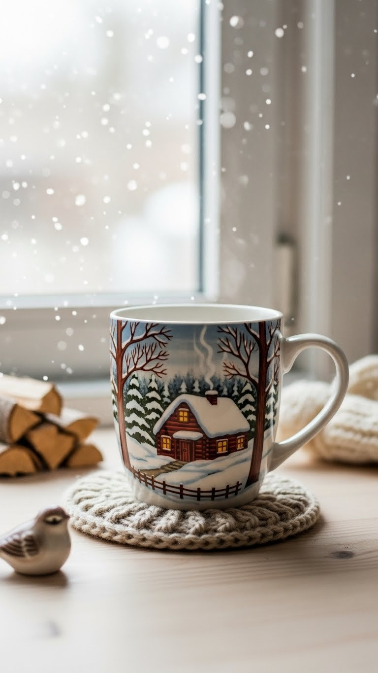 Cozy cabin scene ceramic mug showing snow-covered winter landscape with smoke rising from chimney on knitted coaster.
