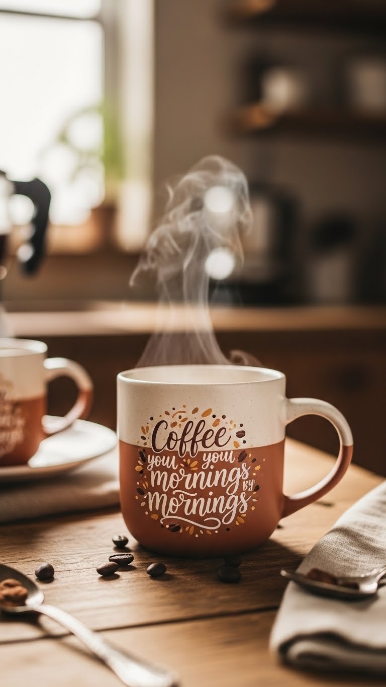 Cozy earthy-toned ceramic mug with elegant hand-painted coffee quote on rustic wooden table in kitchen