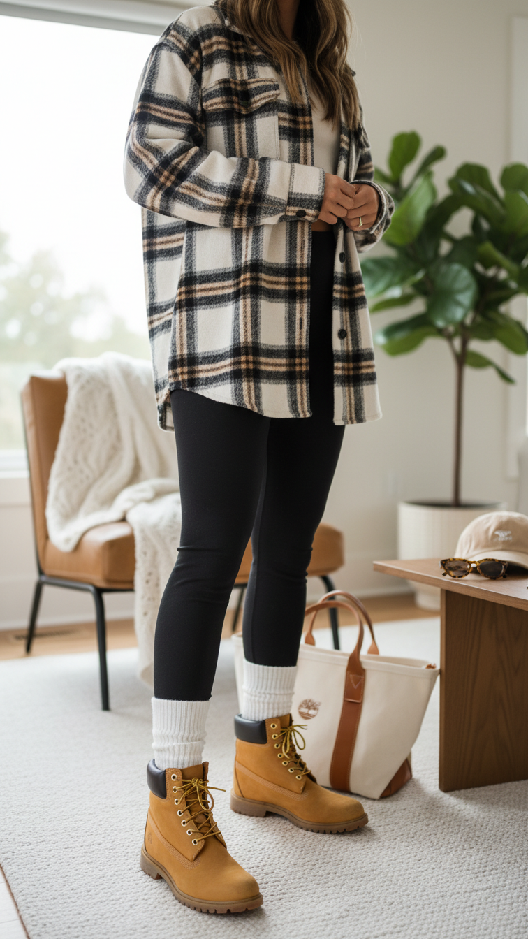 Cozy everyday outfit combining wheat Timberland boots, black leggings, and oversized plaid shacket in homey interior