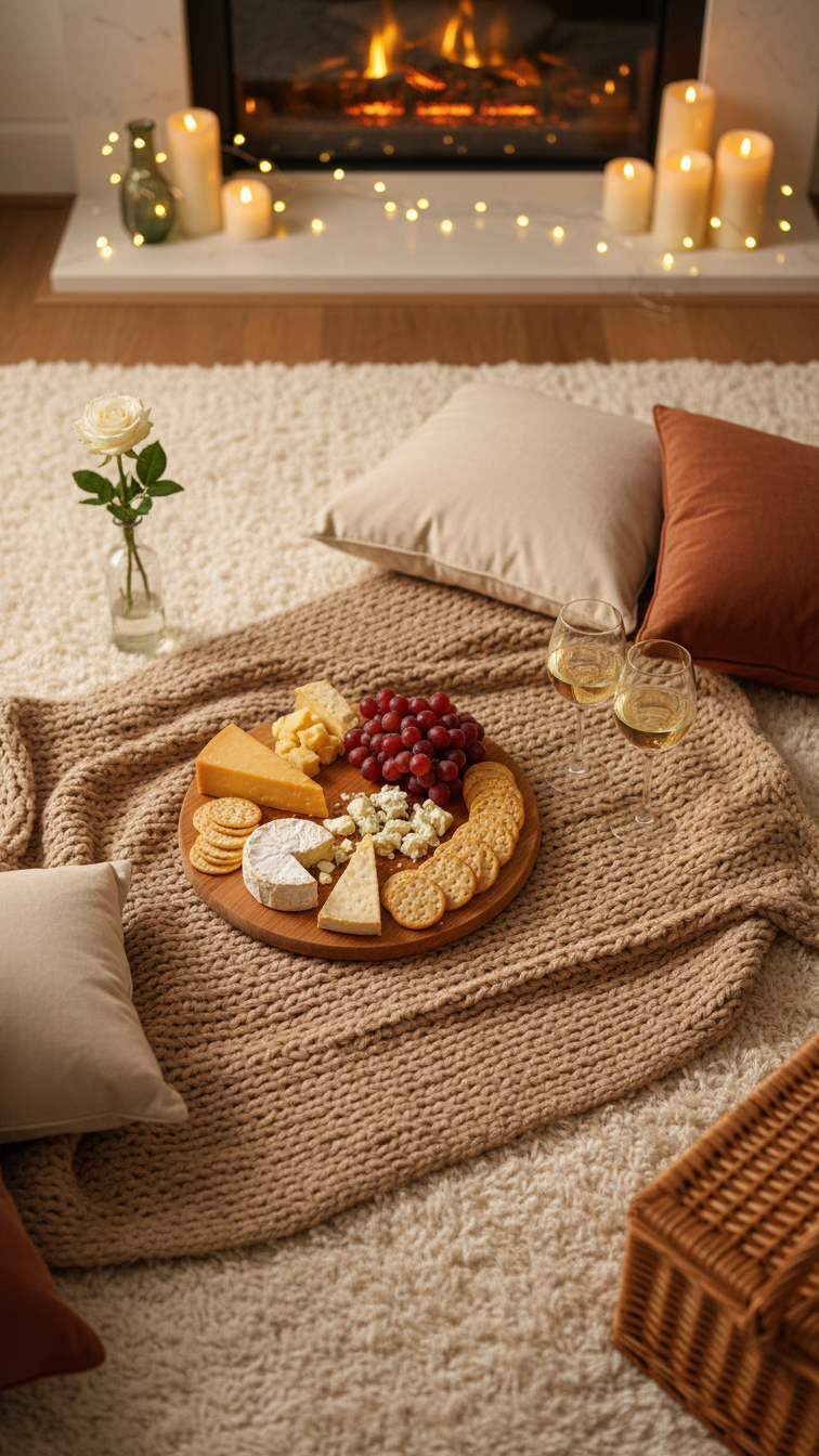 Cozy indoor picnic blanket with cheeseboard, crackers, grapes, and wine glasses on living room floor