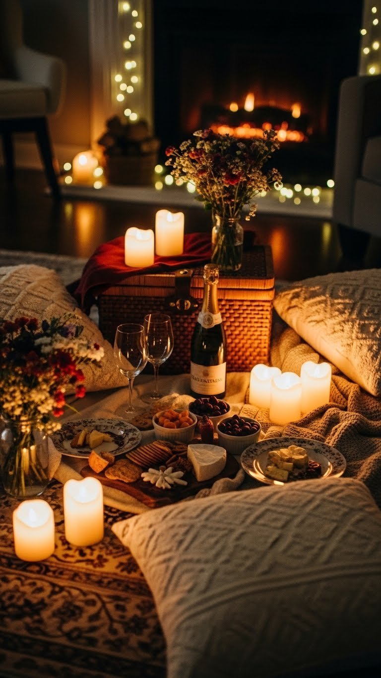 Cozy indoor picnic setup for two with gourmet snacks and flameless candles on plush rug