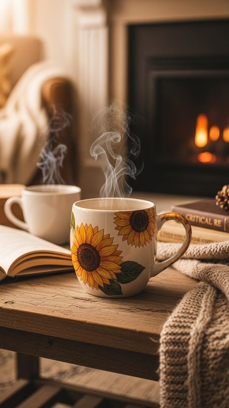 Cozy large hand-painted sunflower mug with steaming coffee on a wooden table, with a book and knitted throw.