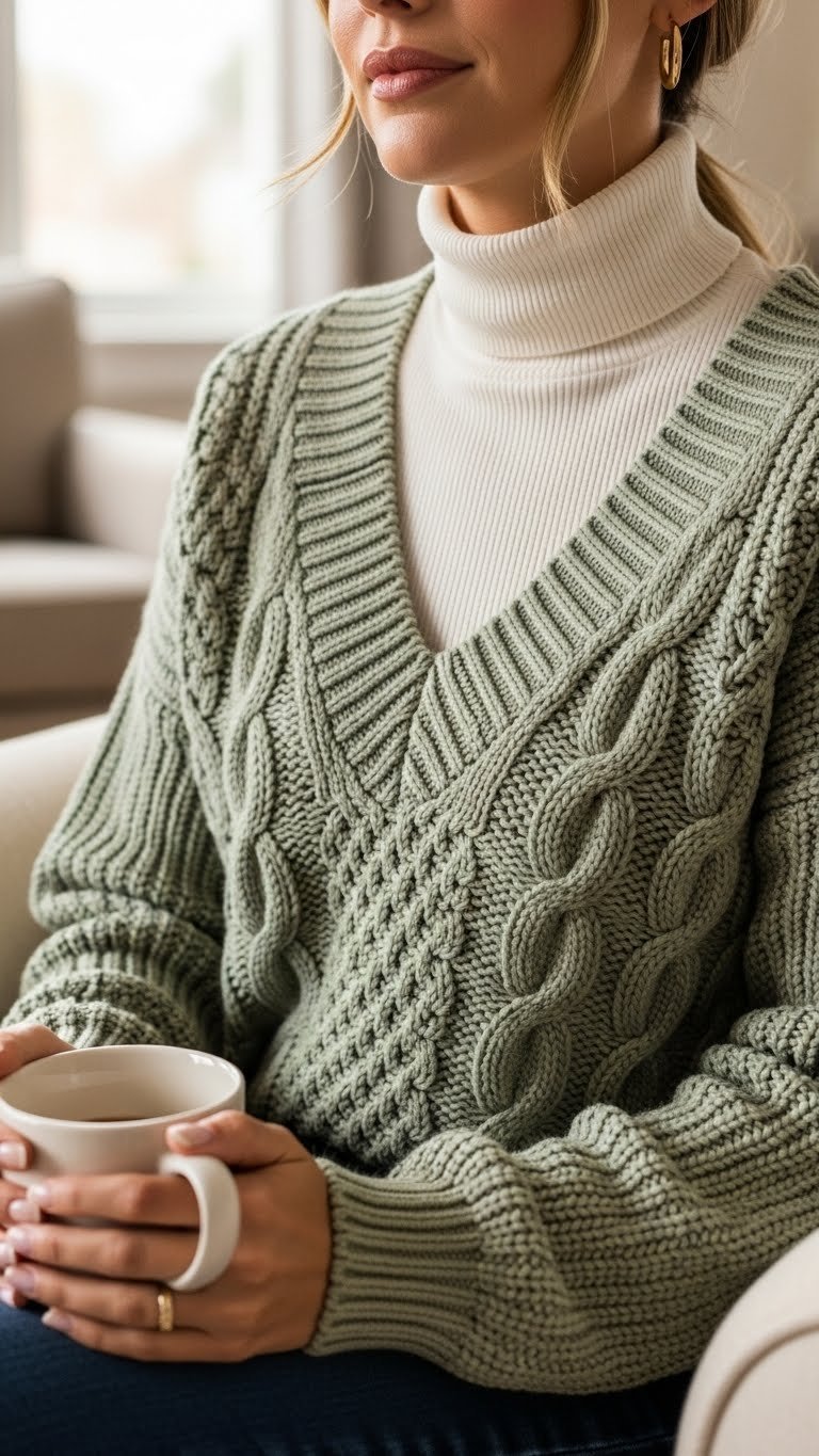 Cozy layered outfit with cream turtleneck under sage green cable-knit sweater in warm interior lighting