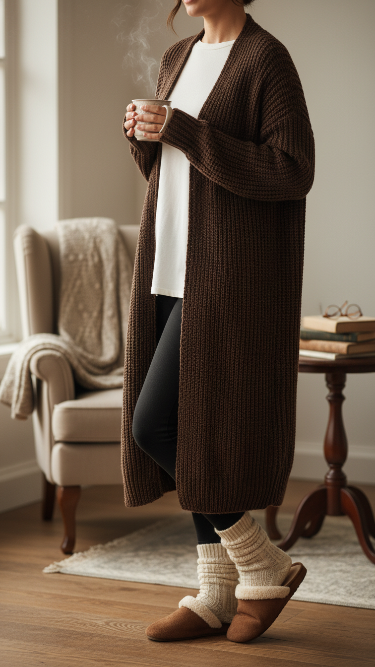 Cozy layered outfit with dark brown long knit cardigan over black leggings and white top in home setting