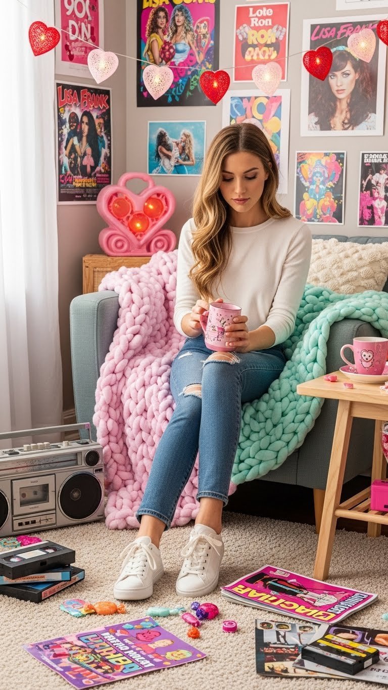 Cozy living space decorated with 90s Valentine's Day decor including heart string lights and retro rom-com posters