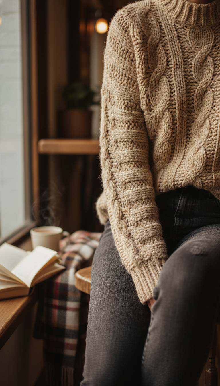 Cozy outfit featuring washed black jeans with chunky oatmeal knit sweater in warm cafe setting